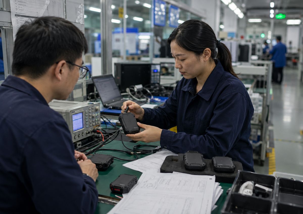 IoT platform engineer reviewing cold-chain tracking hardware specifications during an ODM pre-qualification evaluation