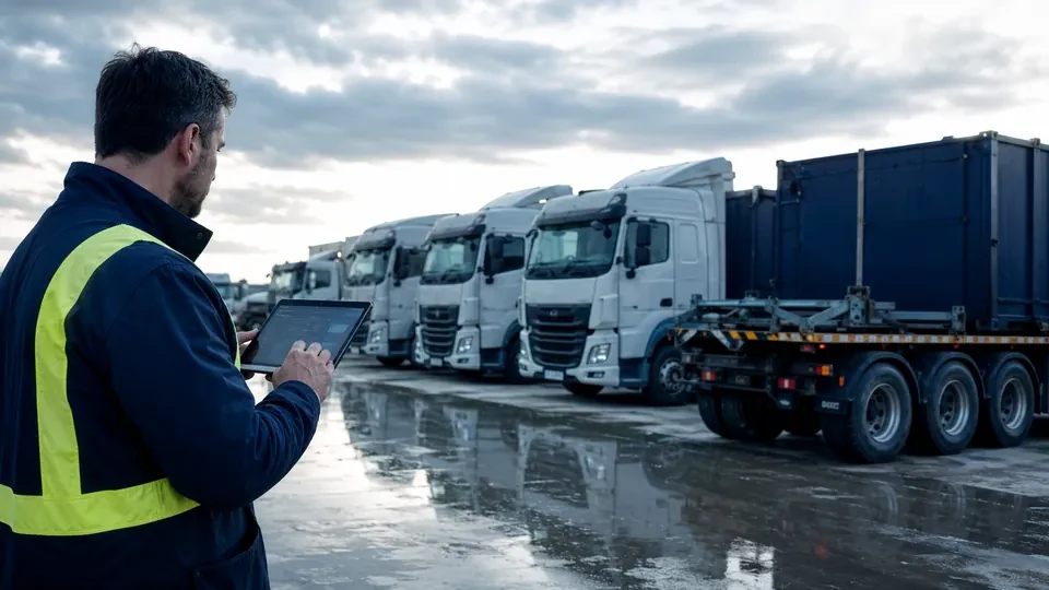 Trailers and chassis parked in a wet depot yard at dusk, unpowered assets of the kind the Eelink GPT48-X is fitted to