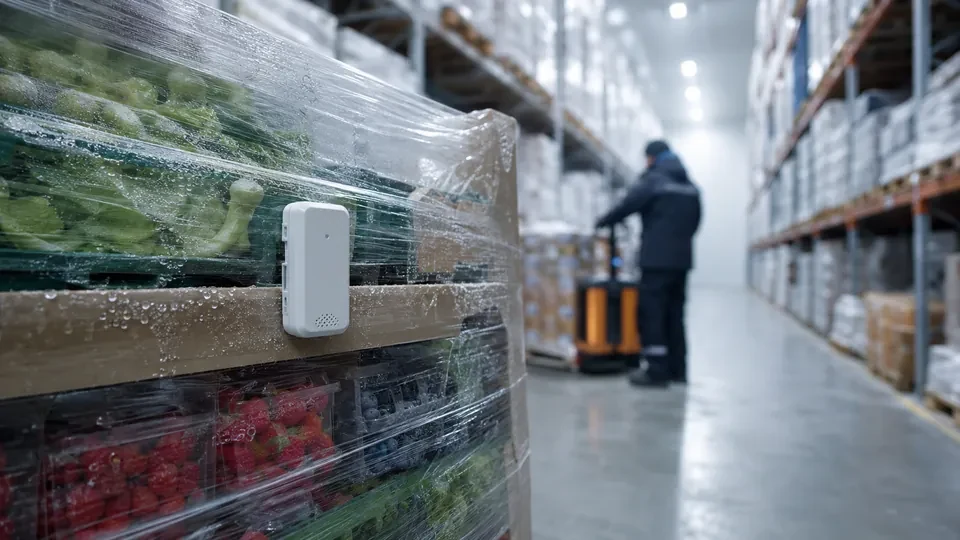 Palletised goods in a cold-chain warehouse aisle, a returnable-asset application for the Eelink GPT48-X
