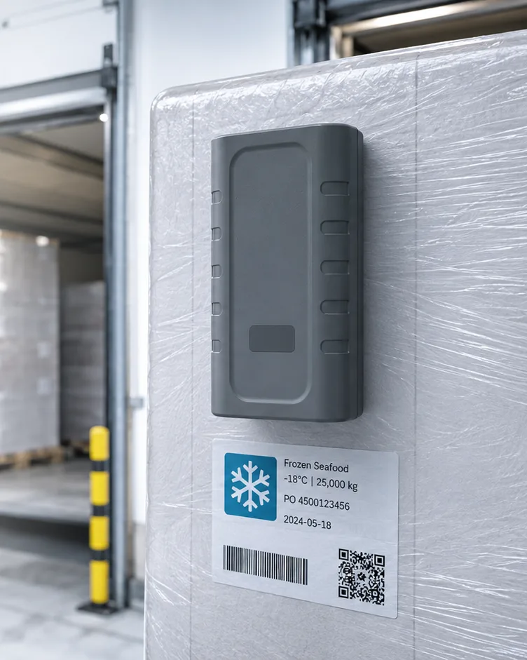 Eelink GPT45-M cold chain cargo tracker mounted on a shrink-wrapped frozen food pallet at a loading dock