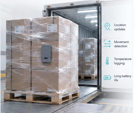 GPT45-M cargo tracker mounted on a shrink-wrapped pallet being loaded into a container, logging location, movement and temperature