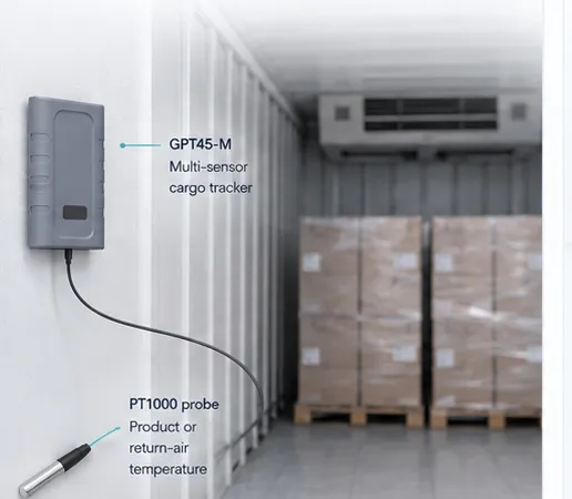 GPT45-M multi-sensor cargo tracker installed inside a reefer container with external PT1000 probe measuring product or return-air temperature