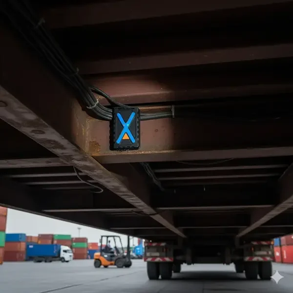 Eelink GPT48-X magnet-mounted to a trailer chassis rail in a container port