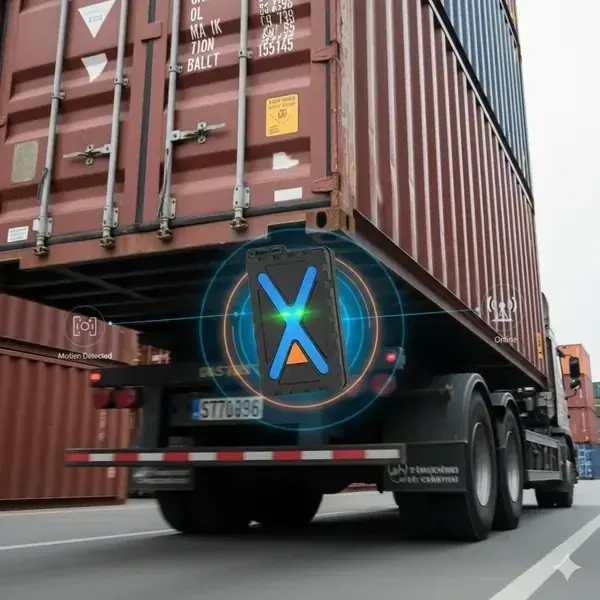 Product visualisation of an Eelink GPT48-X positioned on the door face of a container on the road