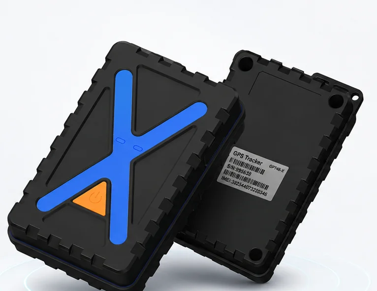 Product visualisation of two Eelink GPT48-X units, front face with the blue X and back face with the serial label