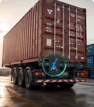 Visualisation of a container leaving a terminal by road, a marker ring over the Eelink GPT48-X position on the door face