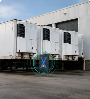 Visualisation of refrigerated trailers at a depot, a marker ring over the Eelink GPT48-X position on the tracked unit