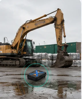 Visualisation of an excavator on a wet site, the Eelink GPT48-X position marked in the foreground