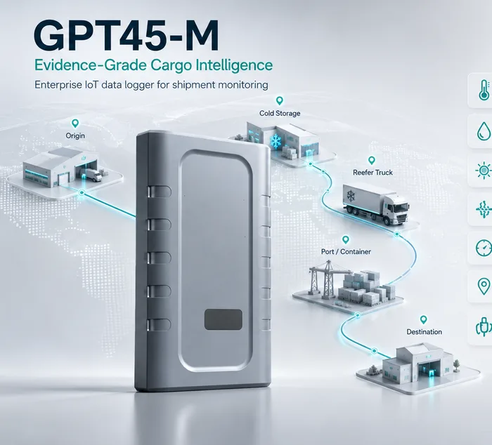 GPT45-M evidence-grade cold chain data logger travelling with the load from origin through cold storage, reefer transport and port to destination