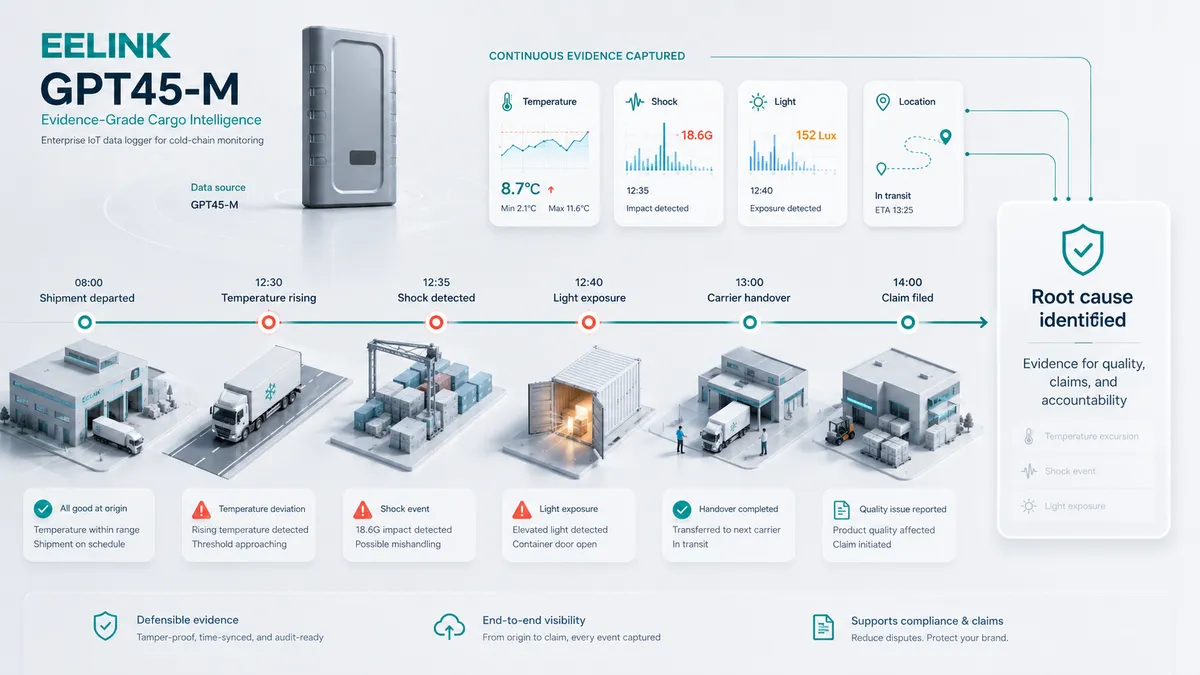 Continuous evidence captured by the GPT45-M from shipment departure through temperature rise, shock, light exposure and carrier handover to a claim filed with root cause identified