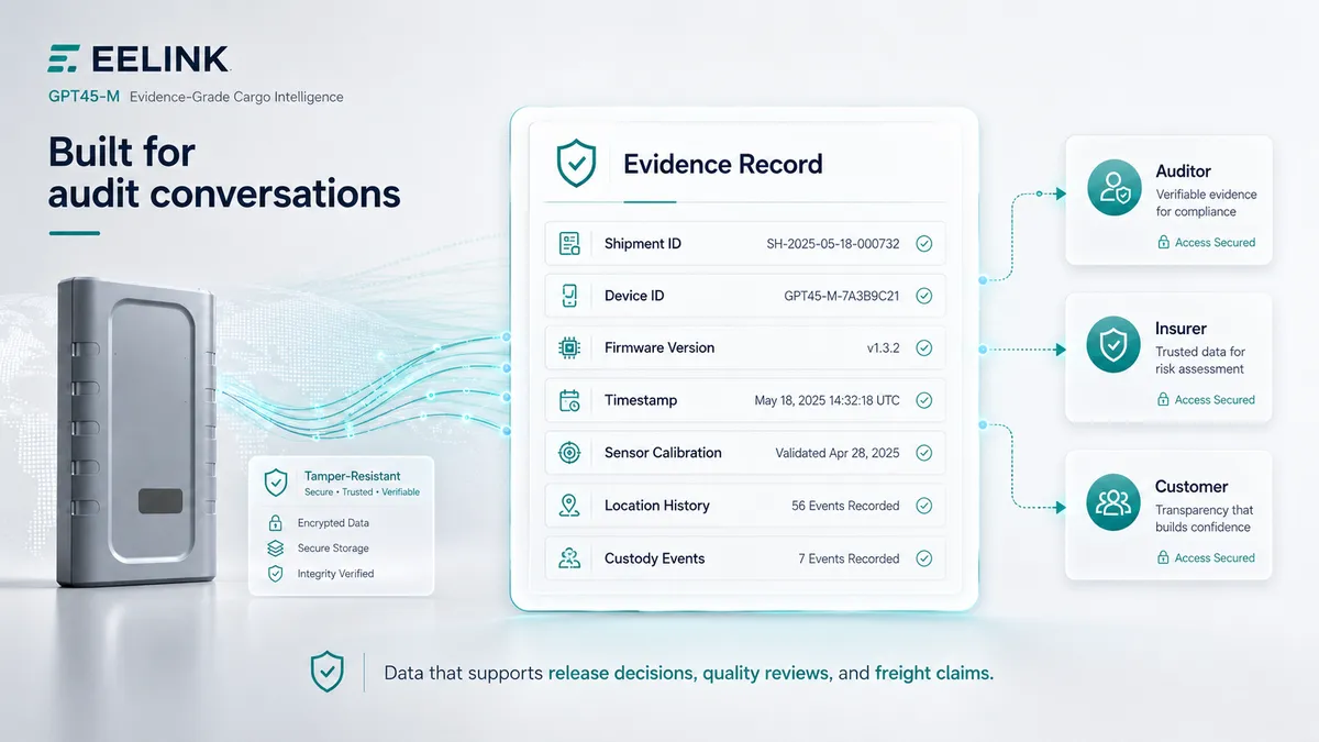 GPT45-M evidence record built for audit conversations: shipment ID, device ID, firmware version, timestamp, sensor calibration, location history and custody events, accepted by auditors, insurers and customers