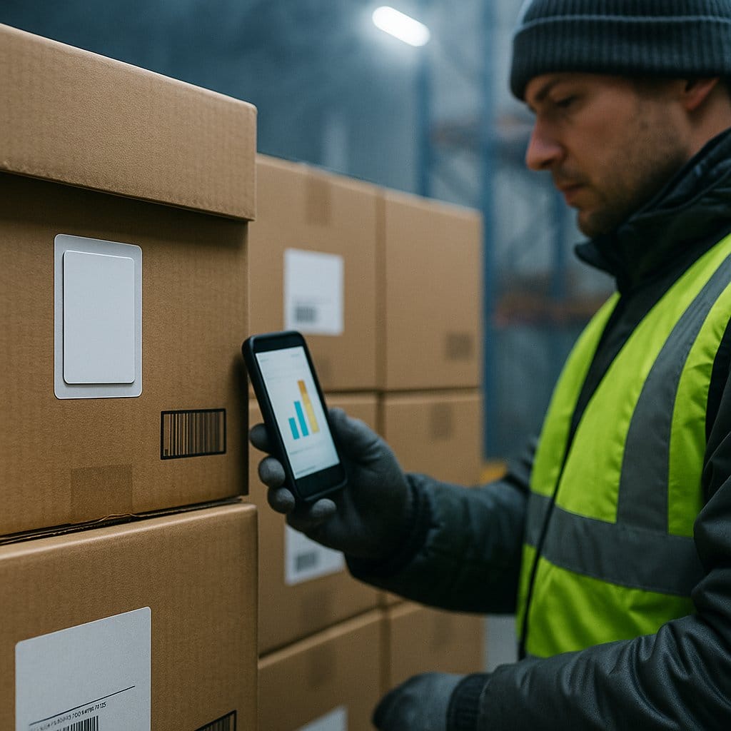 Warehouse worker reading BLE cold chain data logger readings from sealed cartons with a smartphone