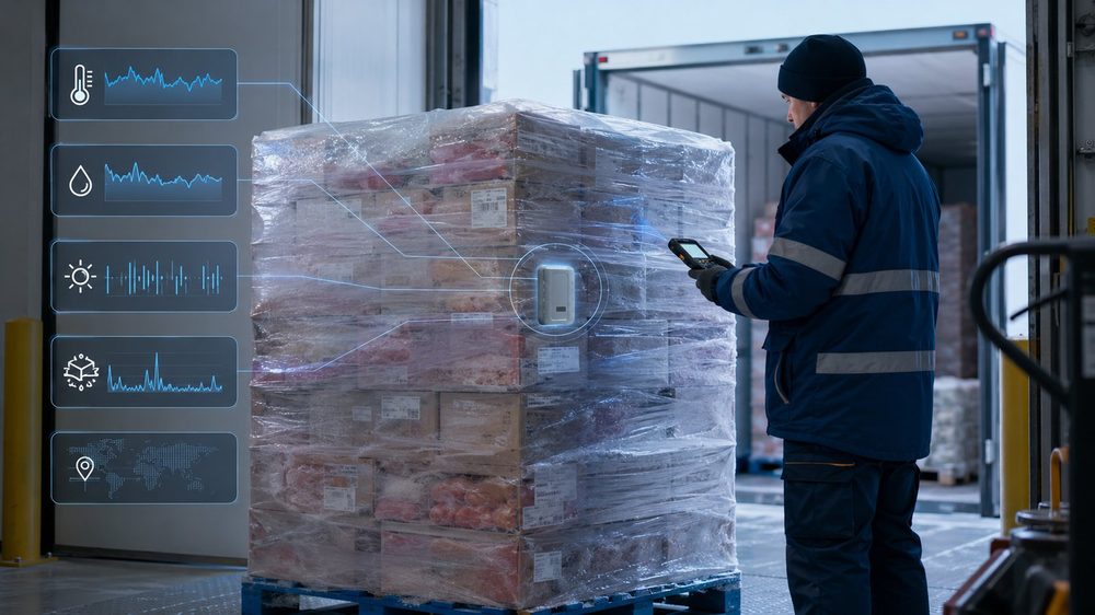 Dock worker checking a cargo-level tracker on a wrapped frozen food pallet, with temperature, humidity, light, shock and location telemetry panels