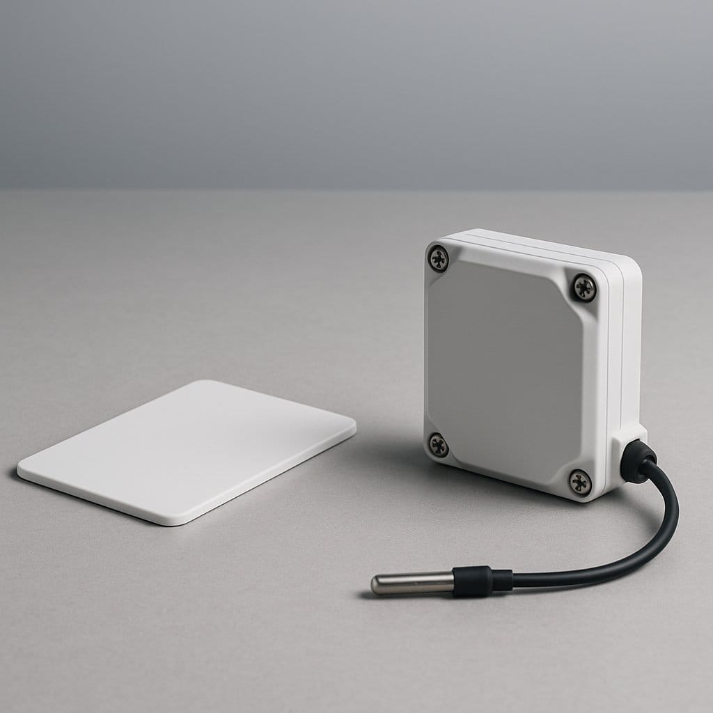 Ultra-thin BLE cold chain data logger beside a cellular real-time cargo tracker with external probe on a workbench