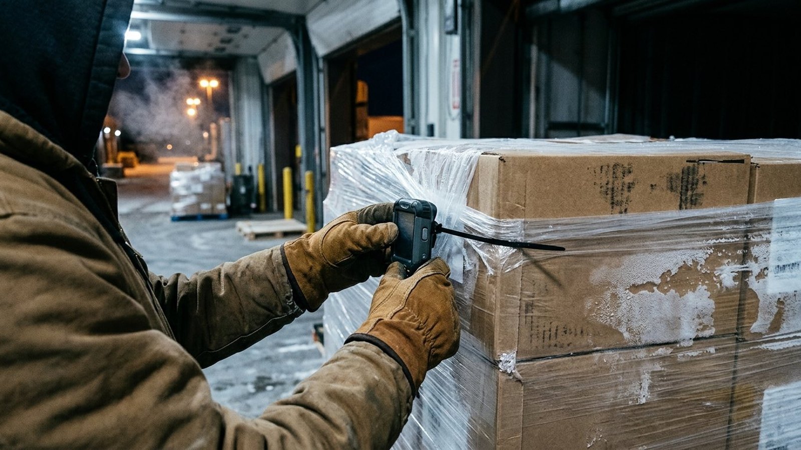 Cold chain monitoring pilot in progress: a tracker being fixed inside a frosted palletised load at a refrigerated dock in early morning light
