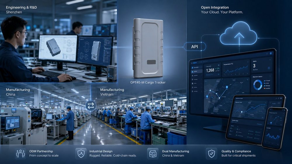 Eelink ODM model for the GPT45-M cargo tracker: Shenzhen engineering, dual manufacturing in China and Vietnam, and API integration into the customer's own cloud platform