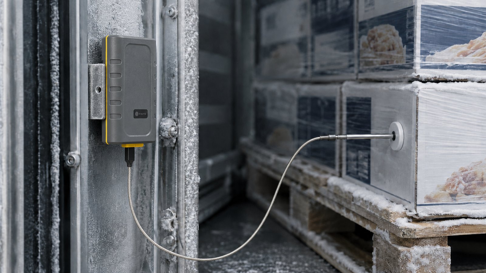 Tracker body mounted on a frosted container wall with a braided external probe cable running into a frozen pallet load