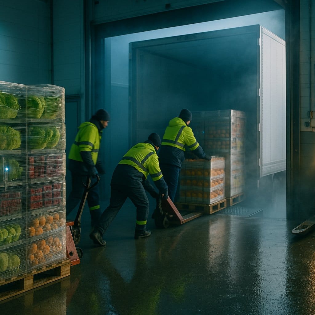 Refrigerated pallets being loaded at a cold storage dock, illustrating FSMA 204 traceability record-keeping for cold chain shippers