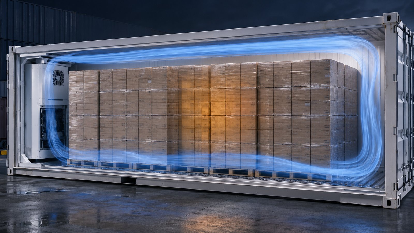 Cutaway view of a loaded integral reefer container with the air circuit running along the floor toward the doors and back over the top of the pallets, the context for reefer temperature probe placement