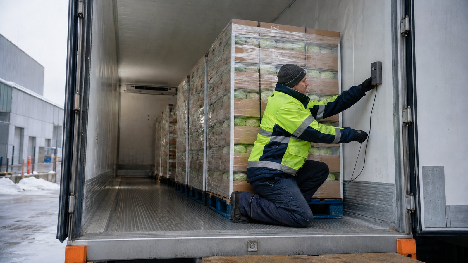 Worker in a hi-vis jacket installing a temperature monitoring device on the wall at the door end of a loaded refrigerated trailer