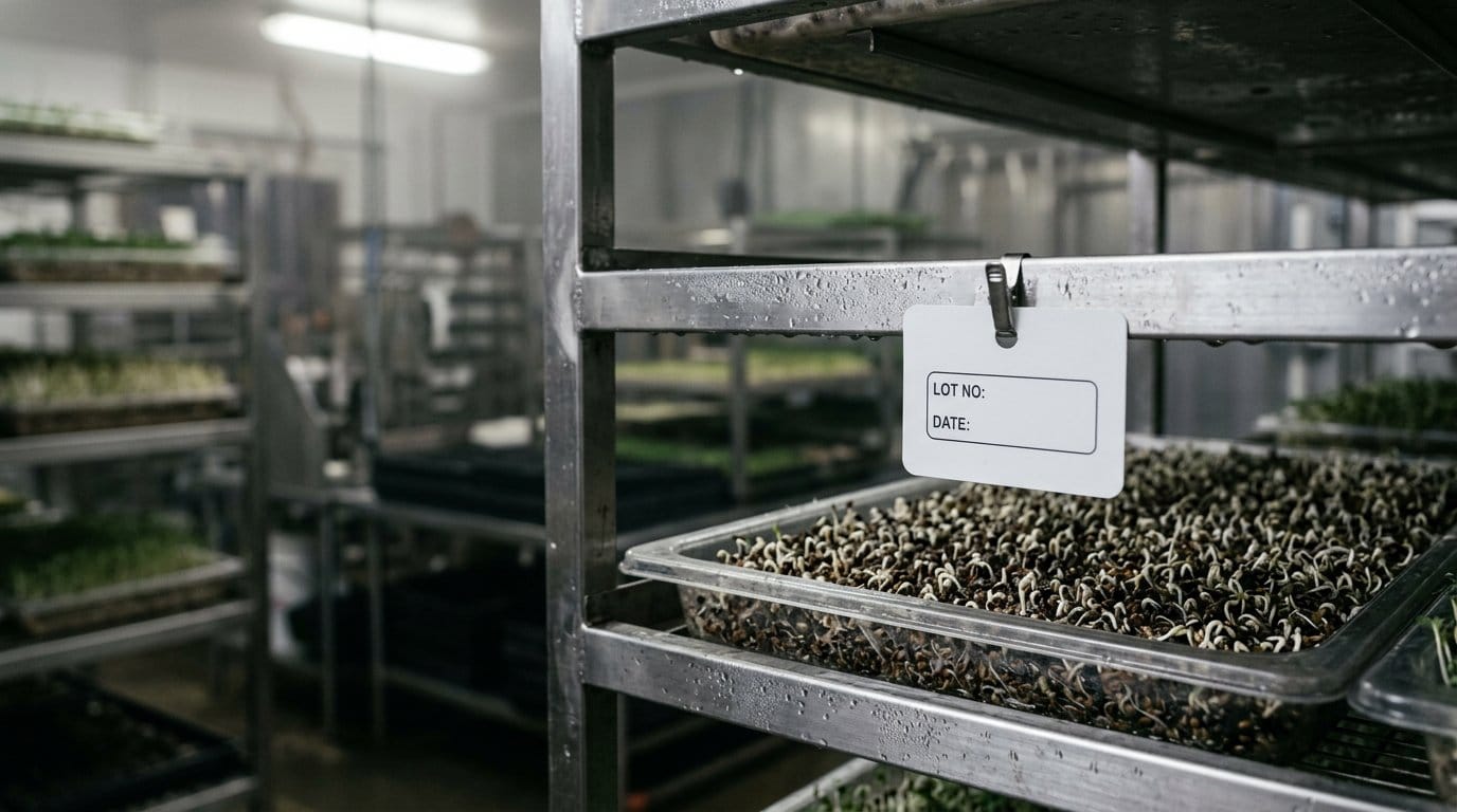 Alfalfa seed in a growing tray at a sprouting facility, with lot identification tags on the rack