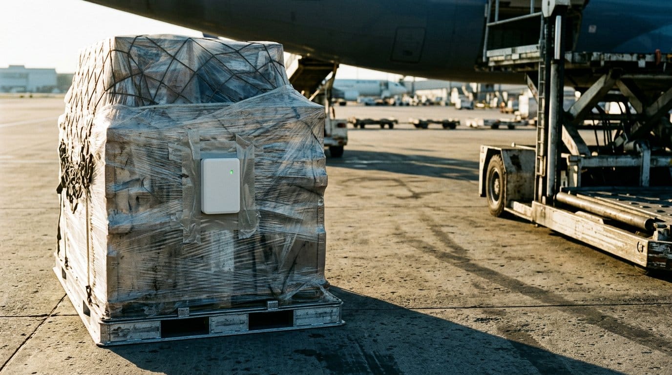 Air cargo pallet with a battery-powered temperature tracker fitted to the shrink wrap, waiting on a freight apron before loading