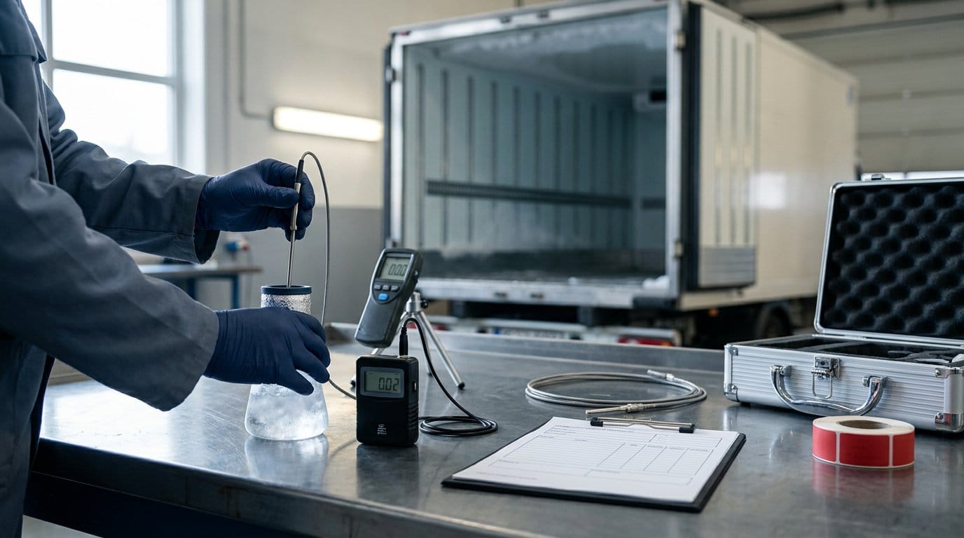 Technician performing an ice-point verification of a transport temperature recorder with a reference probe, illustrating ATP two-point verification under EN 13486:2023