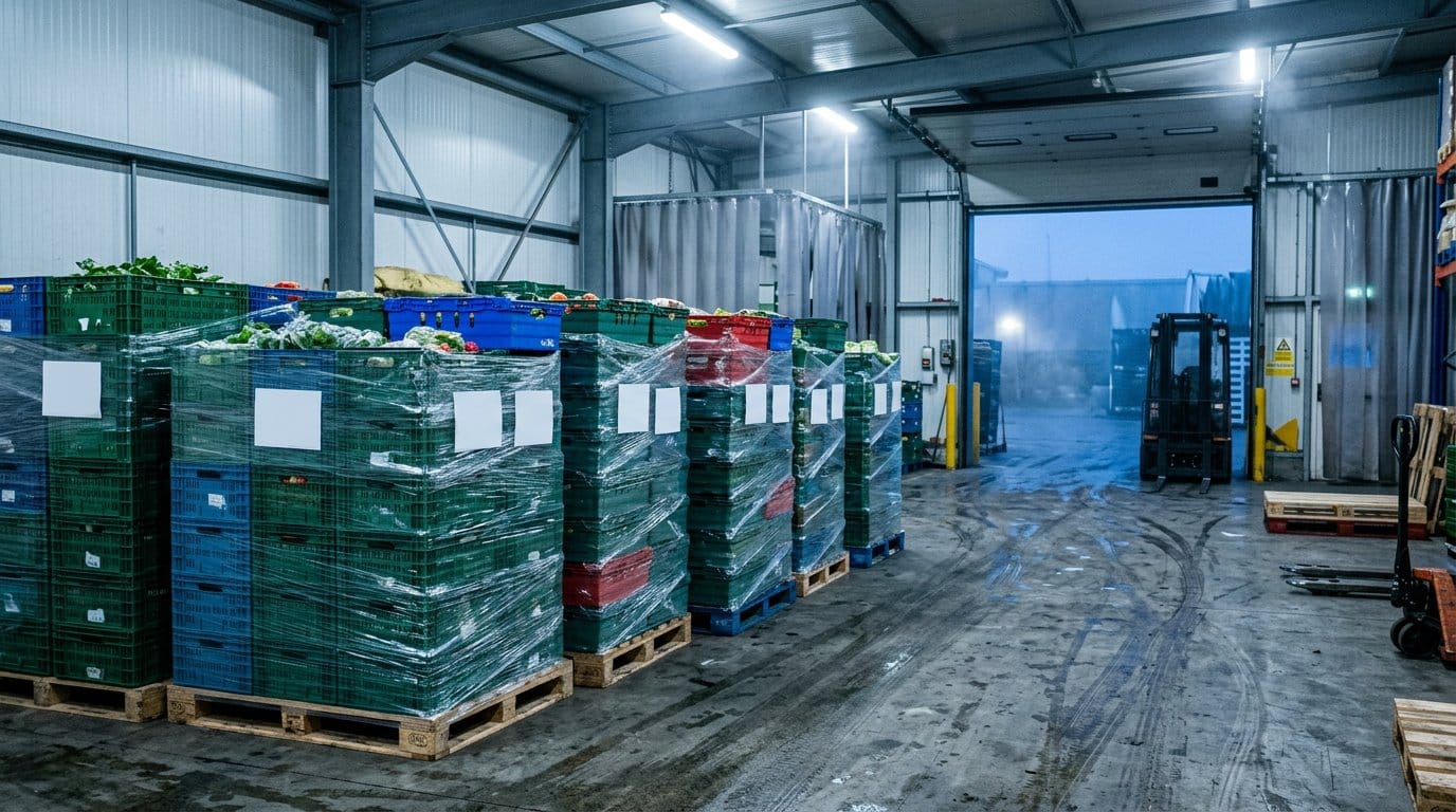 Stacked produce crates wrapped on pallets at a chilled loading dock, with blank label panels where lot identification is applied