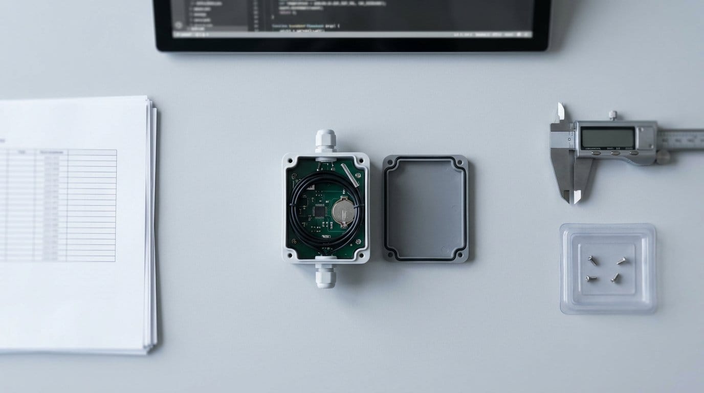 Overhead bench flat-lay showing an opened cold chain tracker beside a printed production release record and a configuration file on screen, illustrating IoT device configuration traceability