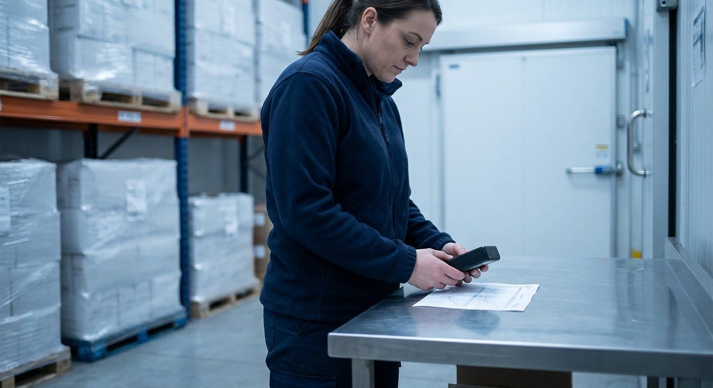A quality manager in a pharmaceutical distribution warehouse compares a handheld temperature data logger against a printed shipment record on a stainless steel bench