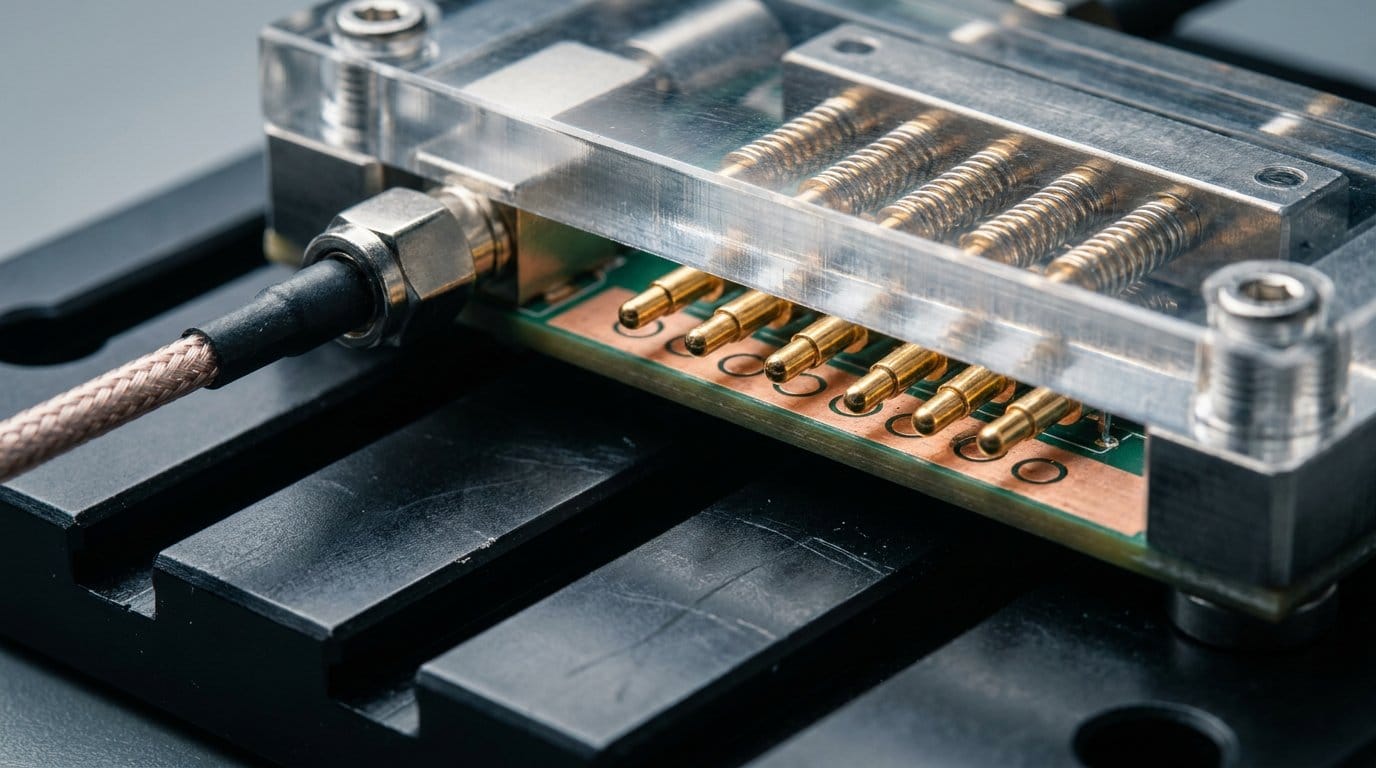 Production RF test fixture with pogo pins and a coaxial connector contacting a tracker board
