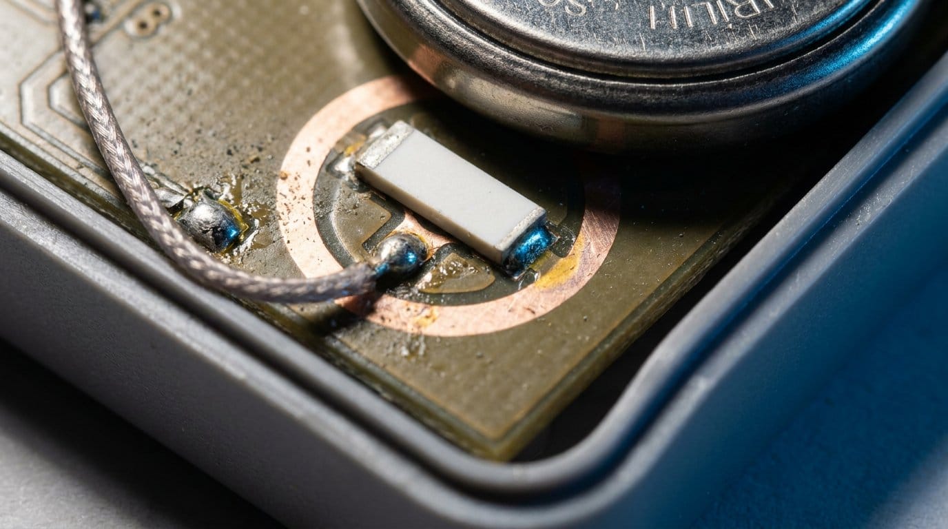 Chip antenna feed, enclosure wall and battery edge inside a cold chain tracker, shown in macro