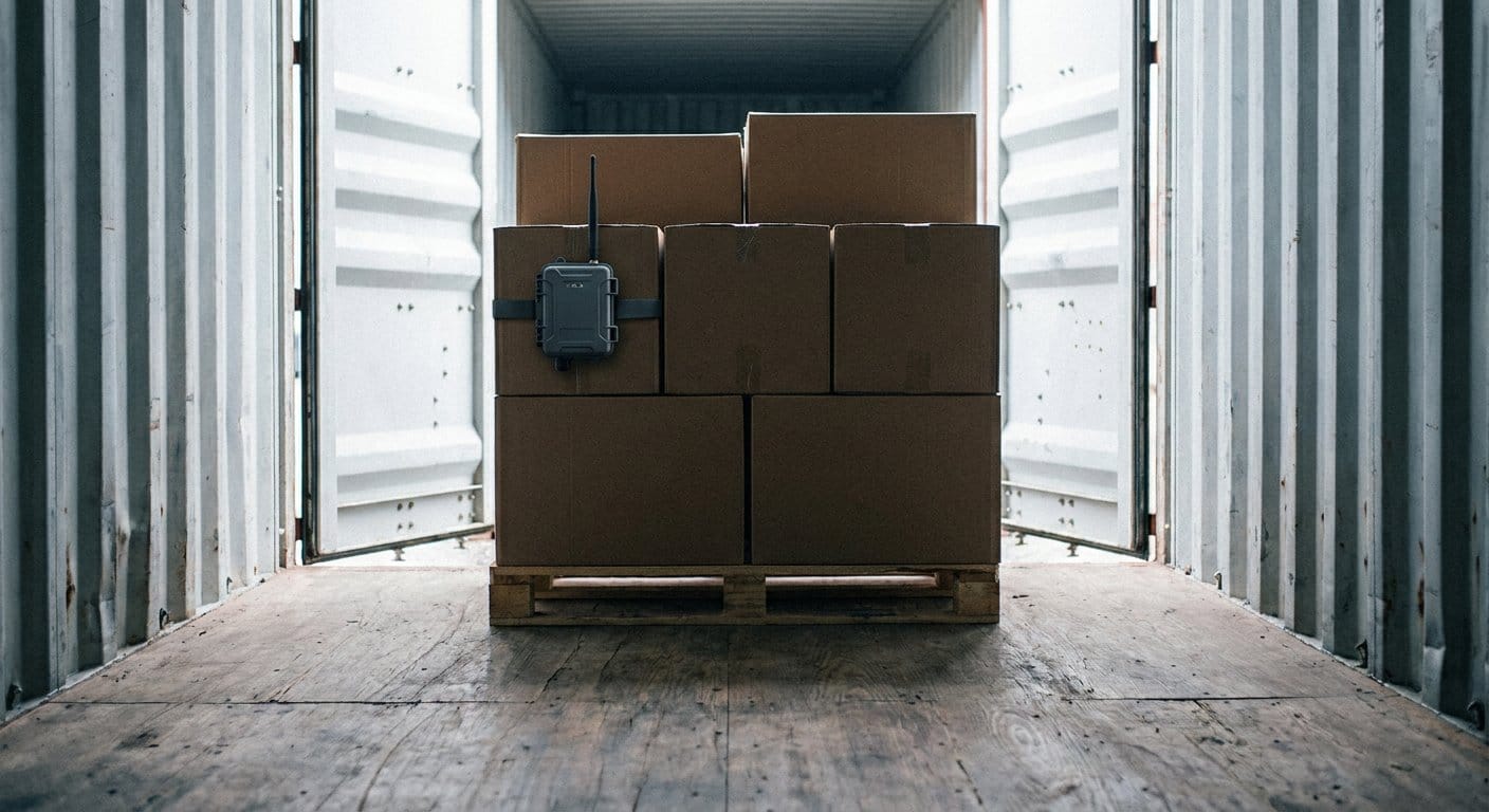 A cargo tracking device fitted inside a shipping container beside stacked cartons, illustrating ocean container data logger limits under IMDG 5.5.4