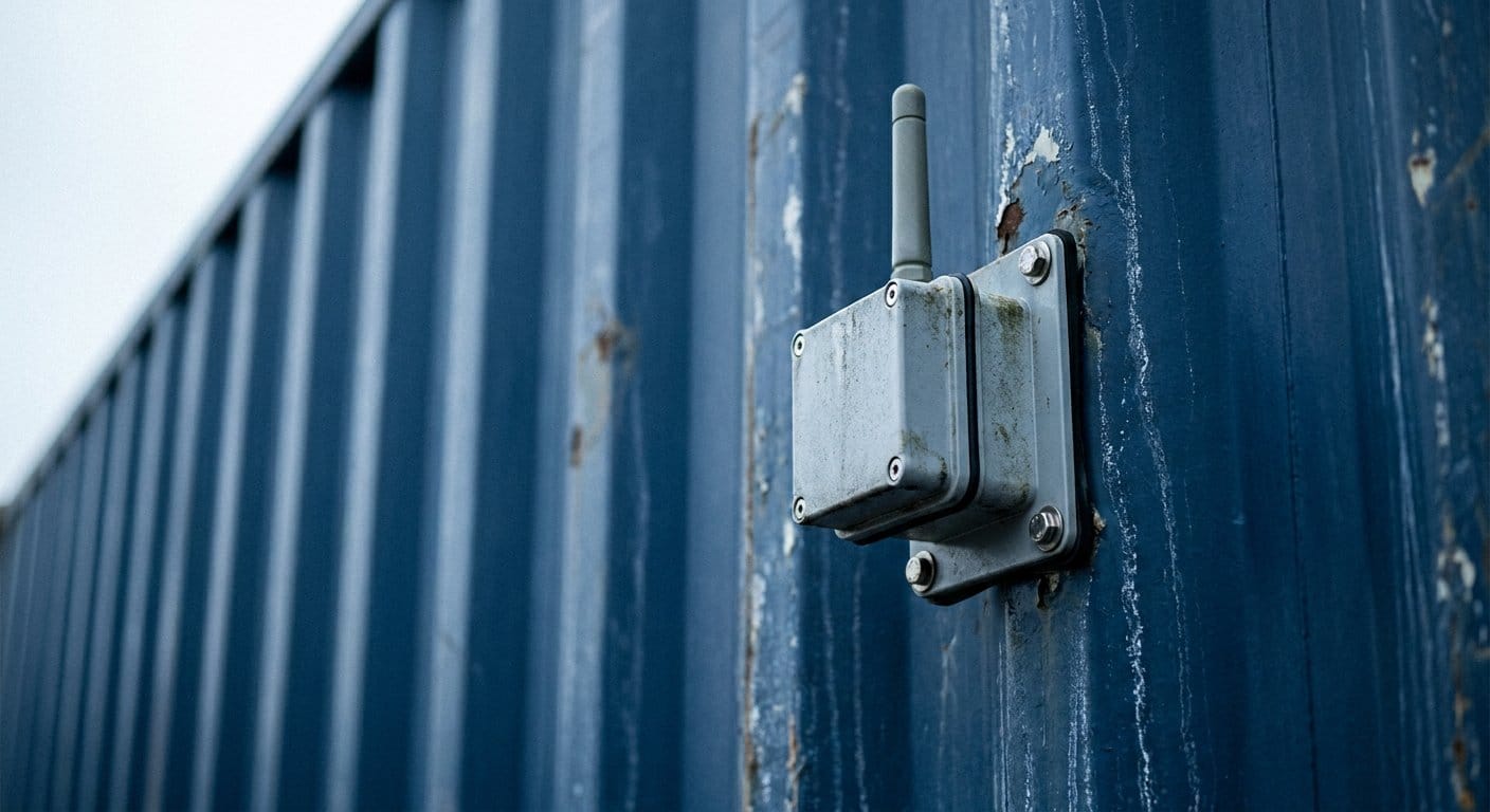 Close-up of an industrial tracking device bolted to the corrugated exterior wall of a freight container