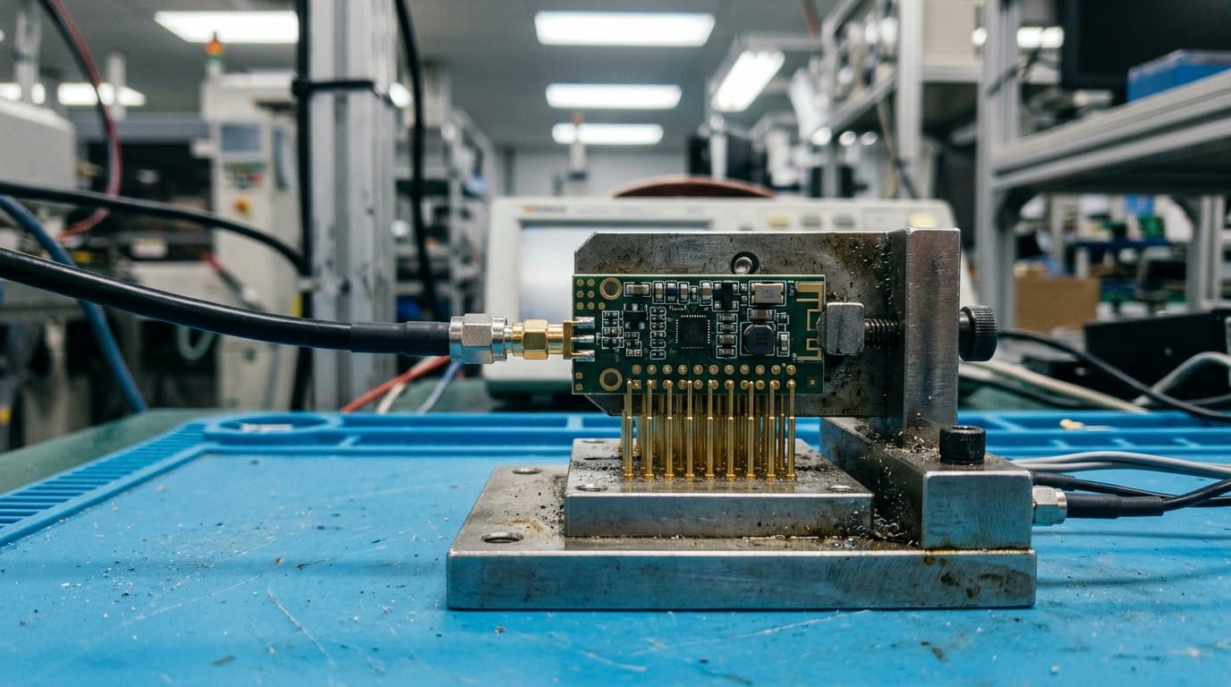 IoT tracker circuit board clamped in a bed-of-nails test fixture on a production line, with an RF cable attached